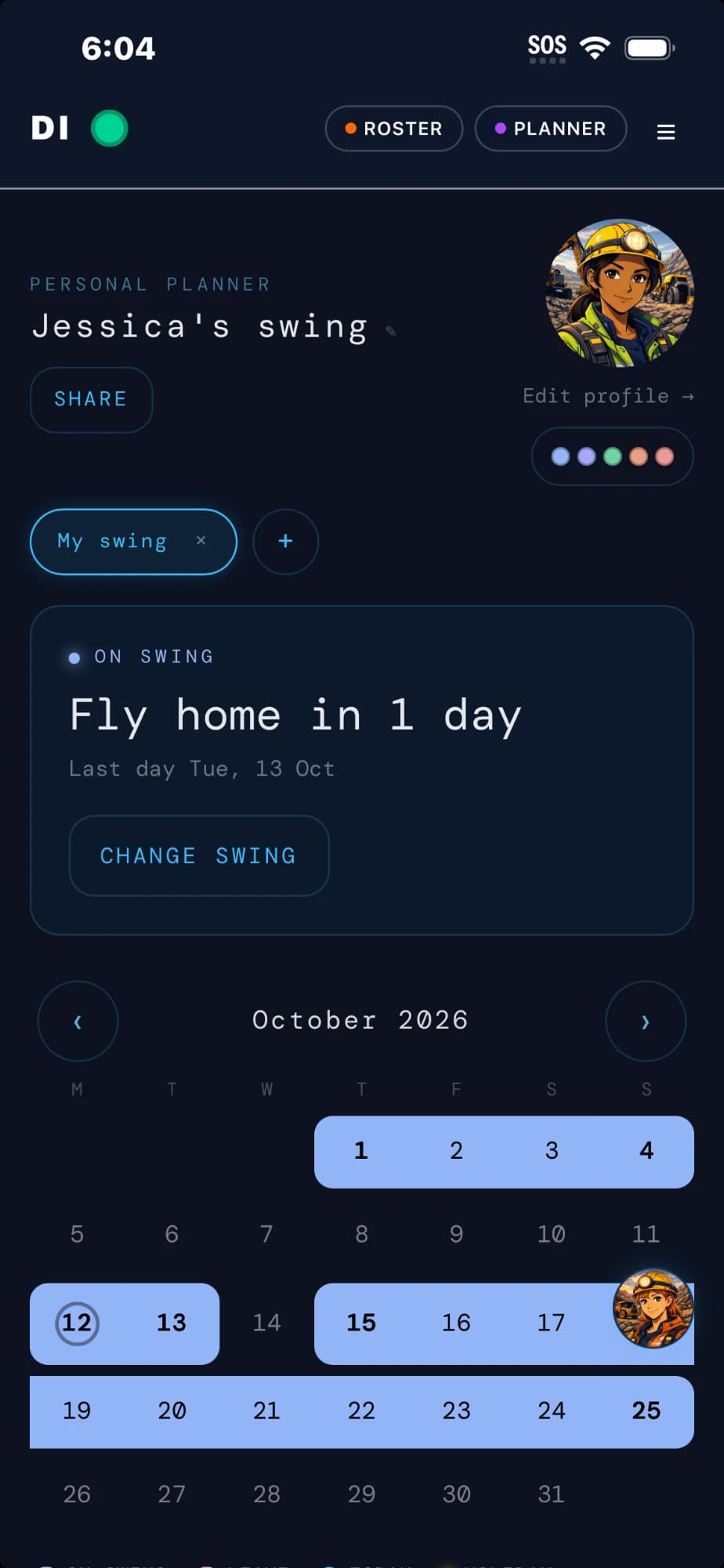 Personal Planner showing Jessica's swing, a Fly home in 1 day countdown, and October with on-swing days highlighted